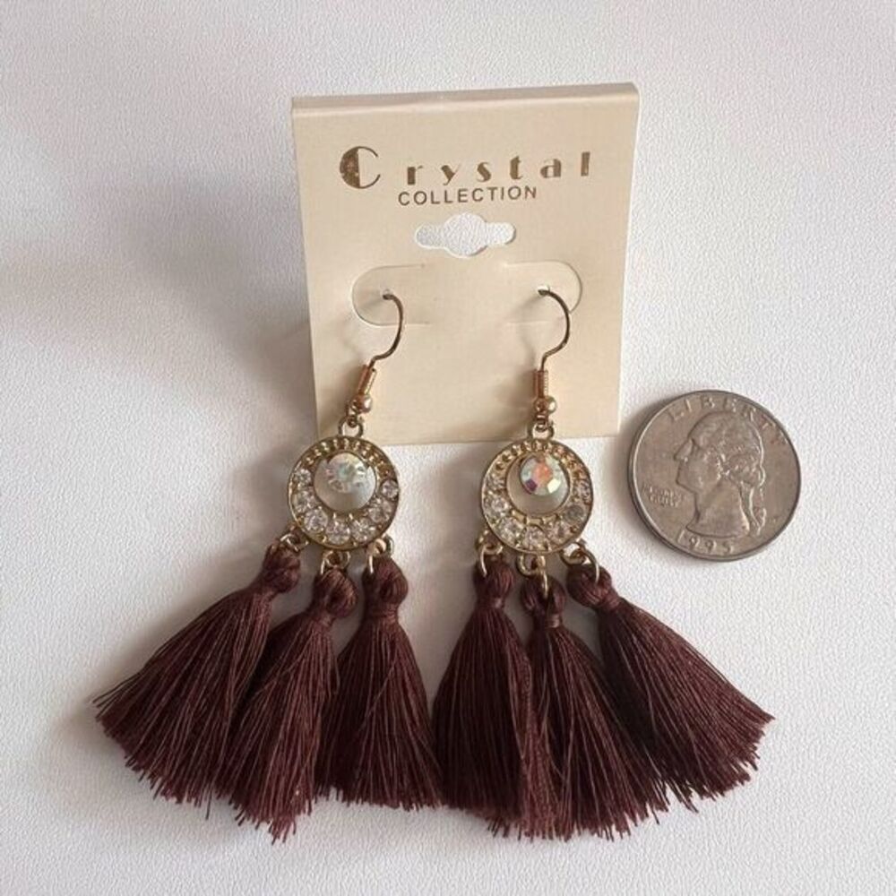 CRYSTAL COLLECTION Brown Tassel Earrings Bohemian Boho Drop Crystal Earrings - Picture 7 of 9